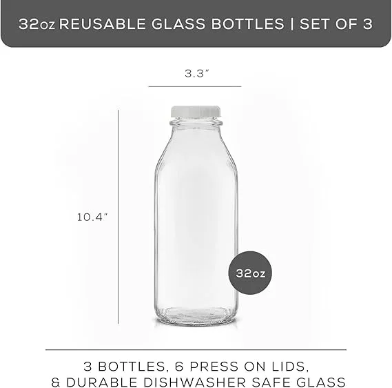 JoyJolt 32oz Glass Milk Bottles with Lids – 3 Pack - Image 3