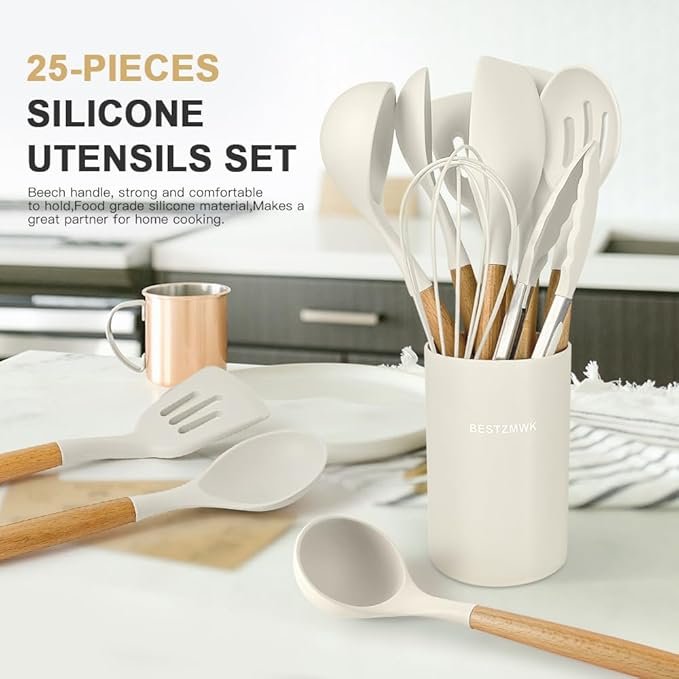 29-Piece White Silicone & Wood Kitchen Utensil Set - Image 3