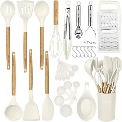 29-Piece White Silicone & Wood Kitchen Utensil Set
