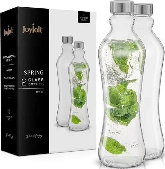 JoyJolt 2-Pack 32oz Glass Water Bottles with Lids