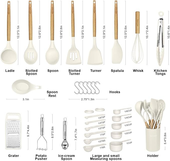 29-Piece White Silicone & Wood Kitchen Utensil Set - Image 2