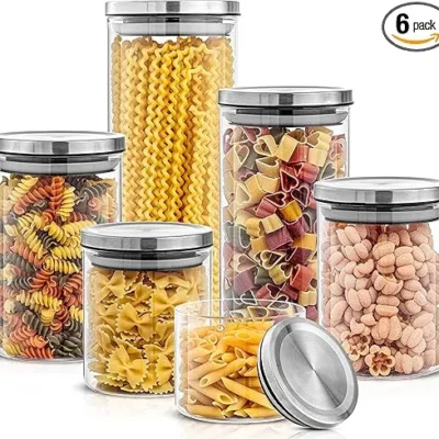 JoyJolt 6-Piece Glass Kitchen Canister Set with Steel Lids