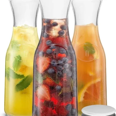 JoyJolt 1L Glass Carafe Set with Lids – 3 Pack